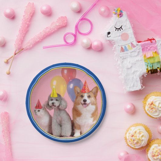 誕生日のプードルおよびコーギーの紙皿 ペーパープレート (パーティー)