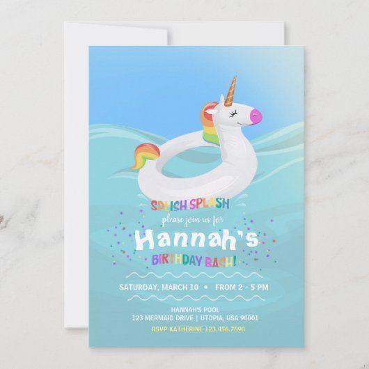 誕生日のプールを囲んでのパーティのユニコーンの浮遊物の招待状 招待状 (正面)