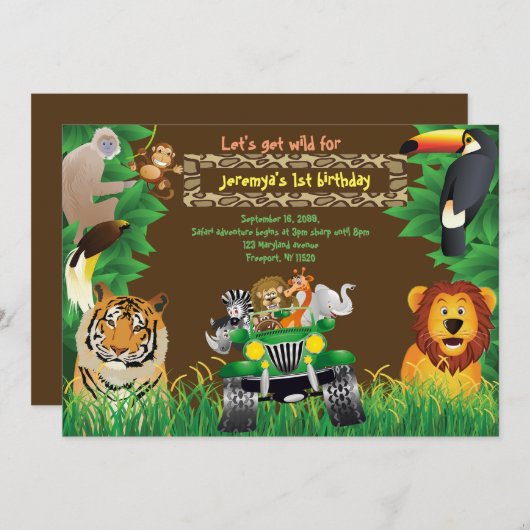 誕生日のベビー、サファリの誕生日、ジャングル動物 招待状 (正面/裏面)