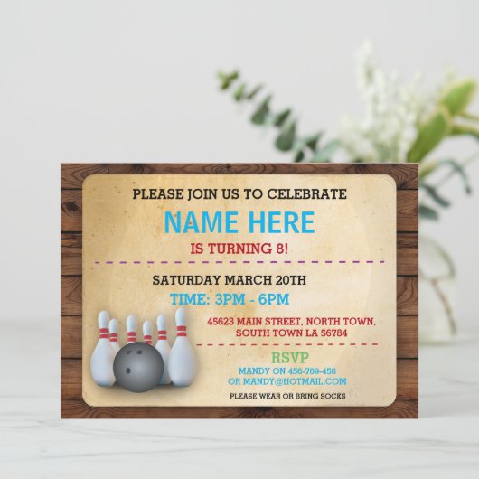 誕生日のボーリングの招待のパーティの招待状木 招待状 (スタンド正面)