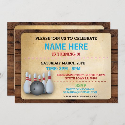 誕生日のボーリングの招待のパーティの招待状木 招待状 (正面/裏面)