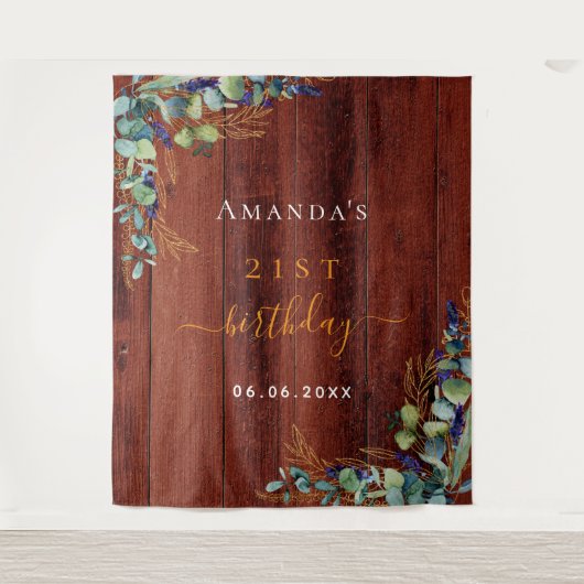 誕生日のユーカリグリーン ラスティックブラウンウッド タペストリー (正面)