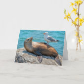 誕生日のユーモアカモメがアシカに止まる カード (黄色い花)