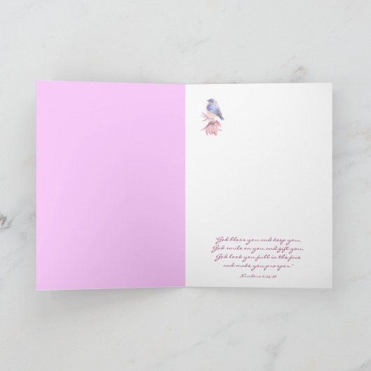 誕生日のレース及びピンクのブルーバードの花の聖なる書物、経典 カード (内部)