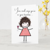 誕生日のワイングラスを持つ棒人間ガール カード (黄色い花)