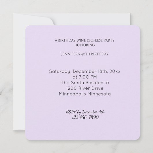 誕生日のワイン及びチーズパーティの招待状 招待状 (裏面)