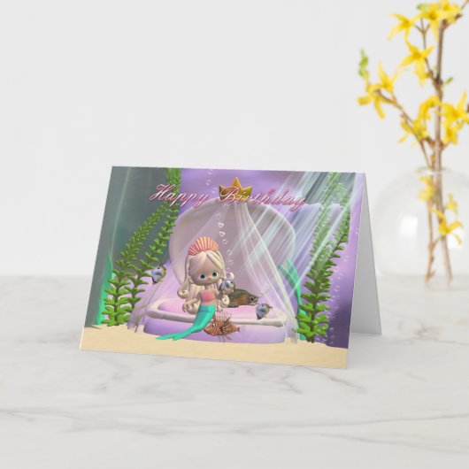 誕生日の人魚と魚の友達のいるカード カード (黄色い花)