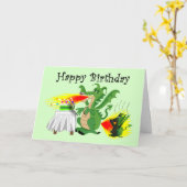 誕生日の冗談の漫画のスタイルのドラゴン カード (黄色い花)