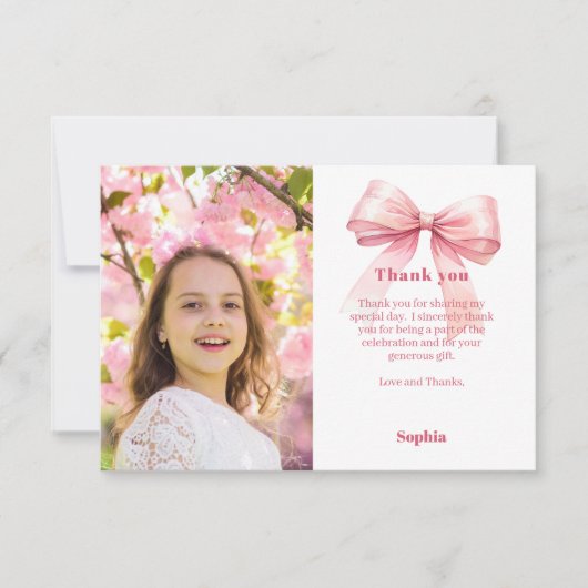 誕生日の写真の少女ピンクの蝶ネクタイ サンキューカード (正面)