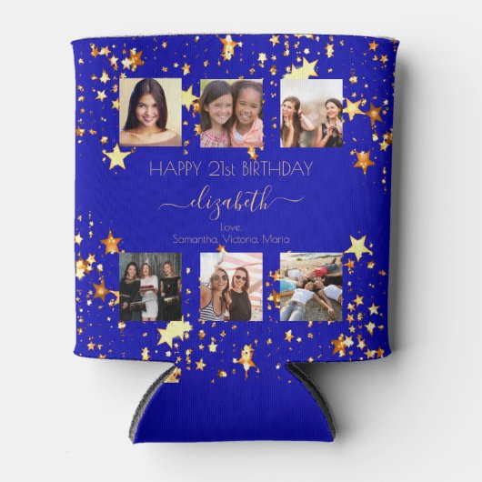 誕生日の写真王室のコラージュの青最高の友だち 缶クーラー (正面)