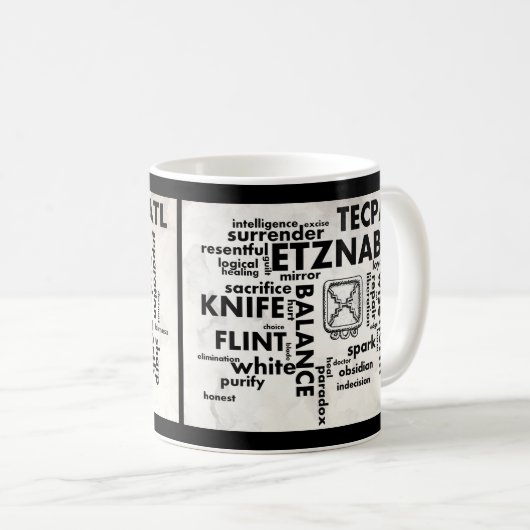 誕生日の単語の雲のEtznabマヤのアステカなTecpatlのマグ コーヒーマグカップ (正面右)