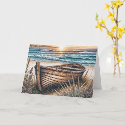 誕生日の古い木製のボートの上にビーチ カード (黄色い花)