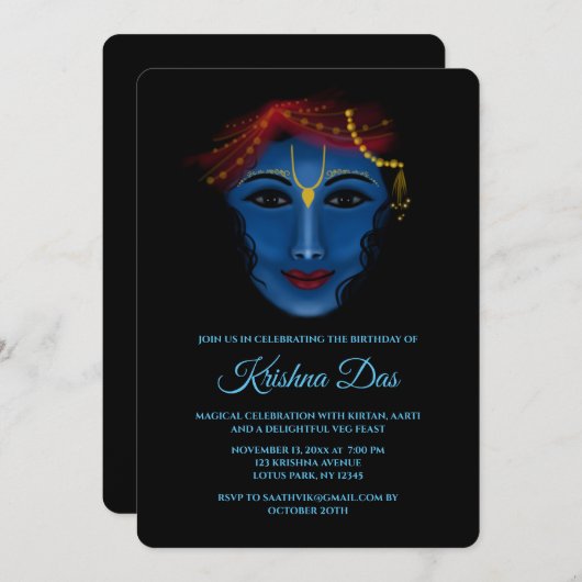 誕生日の可愛いクリシュナカード – クリシュナアート 招待状 (正面/裏面)