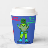 誕生日の吹き出し緑のロボット風船 紙コップ (正面)