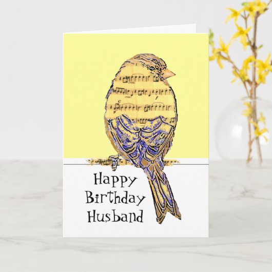 誕生日の夫のミュージシャンのおもしろい音楽ノートの鳥 カード (黄色い花)