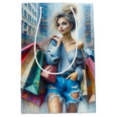 誕生日の女の子が大きな街でショッピング ミディアムペーパーバッグ (正面)