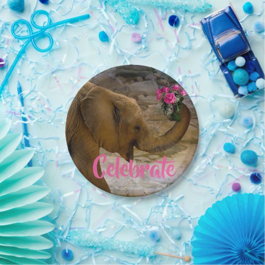 誕生日の女の子象のピンクの花の紙皿 ペーパープレート (パーティー)