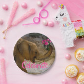 誕生日の女の子象のピンクの花の紙皿 ペーパープレート (パーティー)