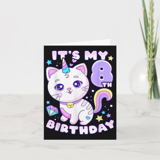 誕生日の女の子8歳、猫、ユニコーン、8誕生 カード (正面)