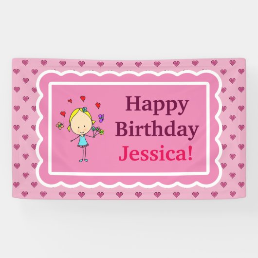 誕生日の女の子、愛のハート、花、蝶 横断幕 (横)