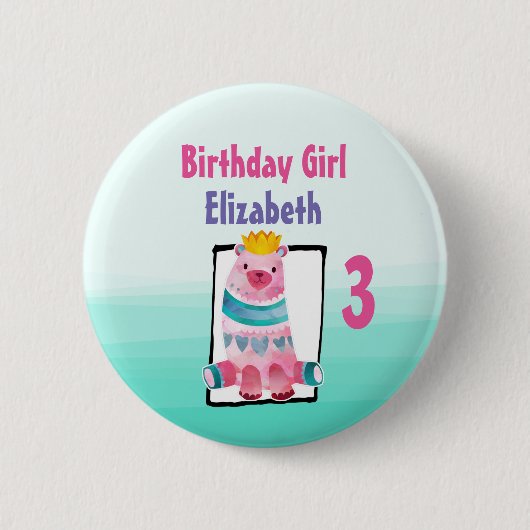 誕生日の女の子 – 水色の熊が王冠をかぶる 缶バッジ (正面)
