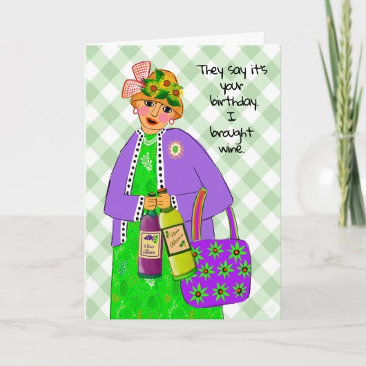 誕生日の女性はクイーンのような服を着てワインをもたらす カード (正面)