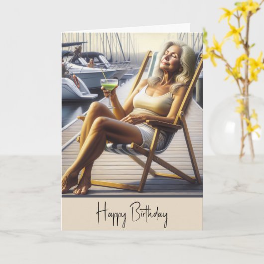 誕生日の女性はマルガリータとビーチの椅子に カード (黄色い花)