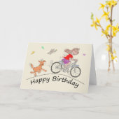 誕生日の女性ライディングバイクの風刺画 カード (黄色い花)