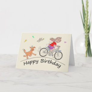 誕生日の女性ライディングバイクの風刺画 カード