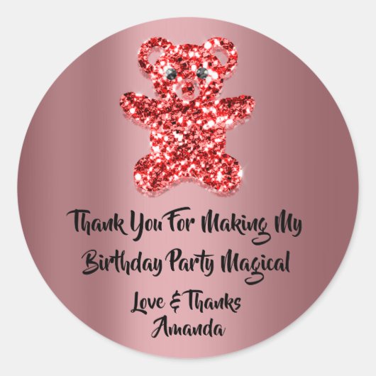 誕生日の好意グリッターレッドスパークグリッターベア ラウンドシール (正面)