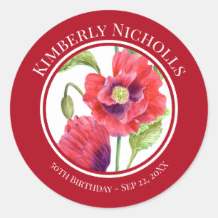 誕生日の好意レッドポピーフローラサークル ラウンドシール