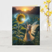 誕生日の妖精のひまわりで呪文を唱える少女 カード (黄色い花)