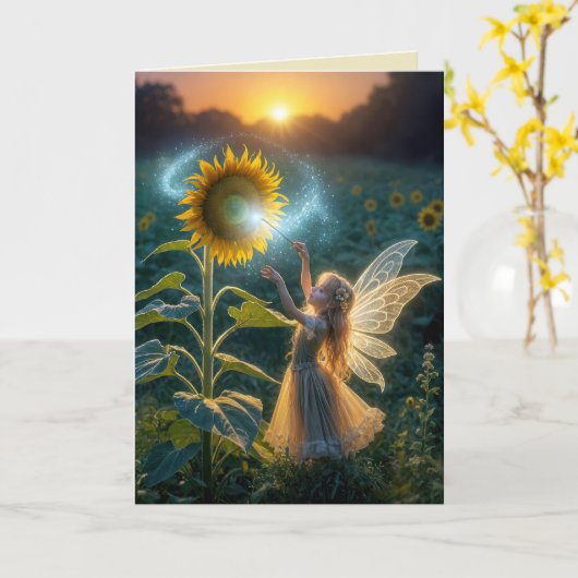 誕生日の妖精のひまわりで呪文を唱える少女 カード (黄色い花)