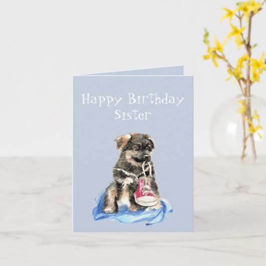 誕生日の姉妹のランナーの子犬の運動靴犬 カード (黄色い花)