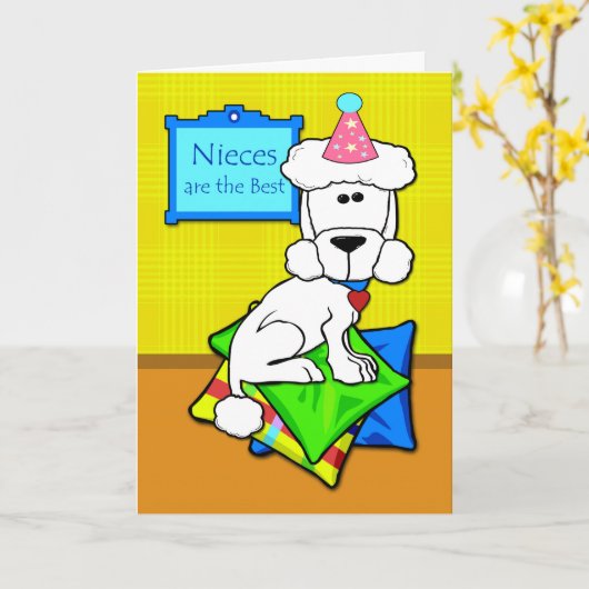 誕生日の姪のためのピローの白いプードル カード (黄色い花)