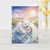 誕生日の子グマの魚遊び カード (黄色い花)