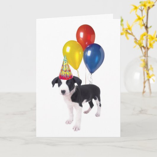 誕生日の子犬 カード (黄色い花)