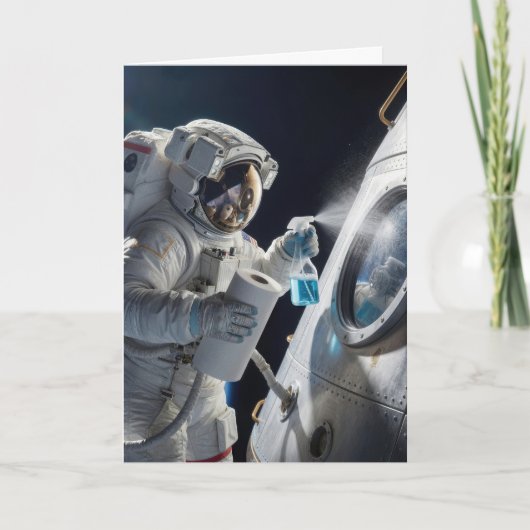 誕生日の宇宙飛行士が宇宙船の窓を掃除 カード (正面)