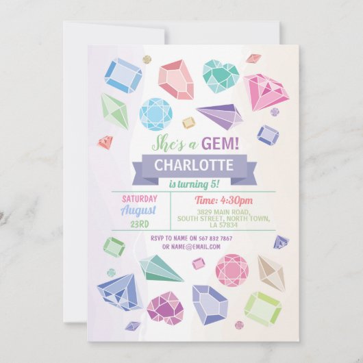 誕生日の宝石のパーティーの水晶の女の子のパステル 招待状 (正面)