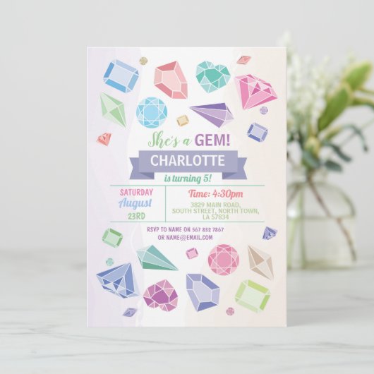 誕生日の宝石のパーティーの水晶の女の子のパステル 招待状 (スタンド正面)