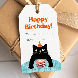 誕生日の小さな猫とピンクのケーキと風船 ギフトタグ