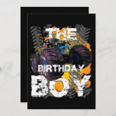 誕生日の少年モンスタートラックお揃いの家族 招待状 (正面/裏面)