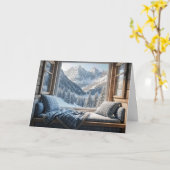 誕生日の山小屋の窓の風景 カード (黄色い花)