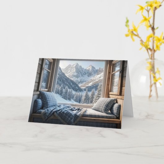 誕生日の山小屋の窓の風景 カード (黄色い花)