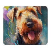 誕生日の帽子と風船を持つ愛犬 カッティングボード (正面)