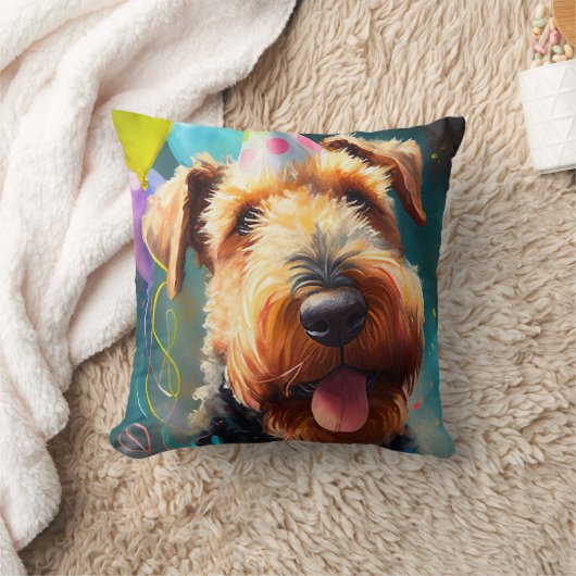 誕生日の帽子と風船を持つ愛犬 クッション (ブランケット)