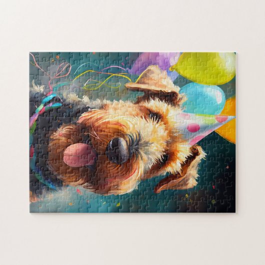 誕生日の帽子と風船を持つ愛犬 ジグソーパズル (横)