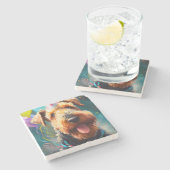 誕生日の帽子と風船を持つ愛犬 ストーンコースター (横)