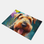 誕生日の帽子と風船を持つ愛犬 ドアマット (アングル)