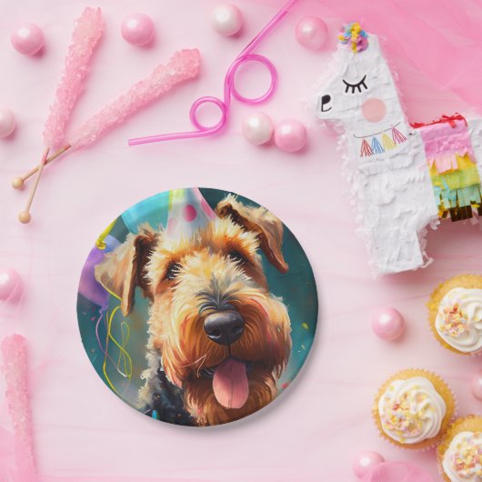 誕生日の帽子と風船を持つ愛犬 ペーパープレート (パーティー)